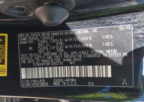 2015 Toyota Highlander Xle V6 z USA, uszkodzony, nr VIN 5TDKKRFH8FS083719